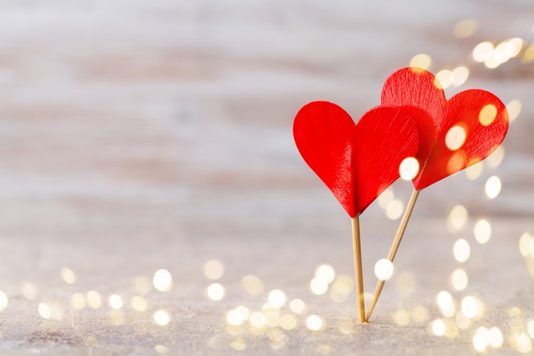 Wooden valentines day hearts and lights